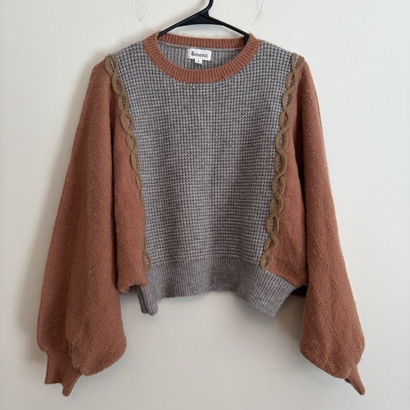 &merci Sweaters - & Merci Colorblock Cropped Sweater Dolman Puff Sleeve Large Grandpacore Neutral
